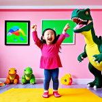 **

Prompt: A happy young girl, around 4 years old, dancing enthusiastically in her living room while watching Pinkfong's Dinosaurs on a tablet. Focus on the joy and energy. Colorful background with dinosaur toys scattered around.

**