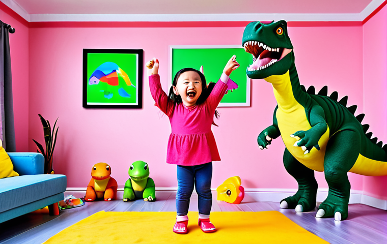 **
Prompt: A happy young girl, around 4 years old, dancing enthusiastically in her living room while watching Pinkfong's Dinosaurs on a tablet. Focus on the joy and energy. Colorful background with dinosaur toys scattered around.
**