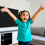 A cheerful young child, fully clothed in comfortable, modest play attire, standing in a brightly lit, family-friendly living room. The child is joyfully singing and making accompanying hand gestures while focused on a large screen displaying vibrant, expressive animated characters. The animation features playful, educational content with bold colors and simple, repetitive visual cues. The scene conveys active engagement and pure, wholesome fun. safe for work, appropriate content, fully clothed, professional, perfect anatomy, correct proportions, natural pose, well-formed hands, proper finger count, natural body proportions, high-quality digital illustration.
